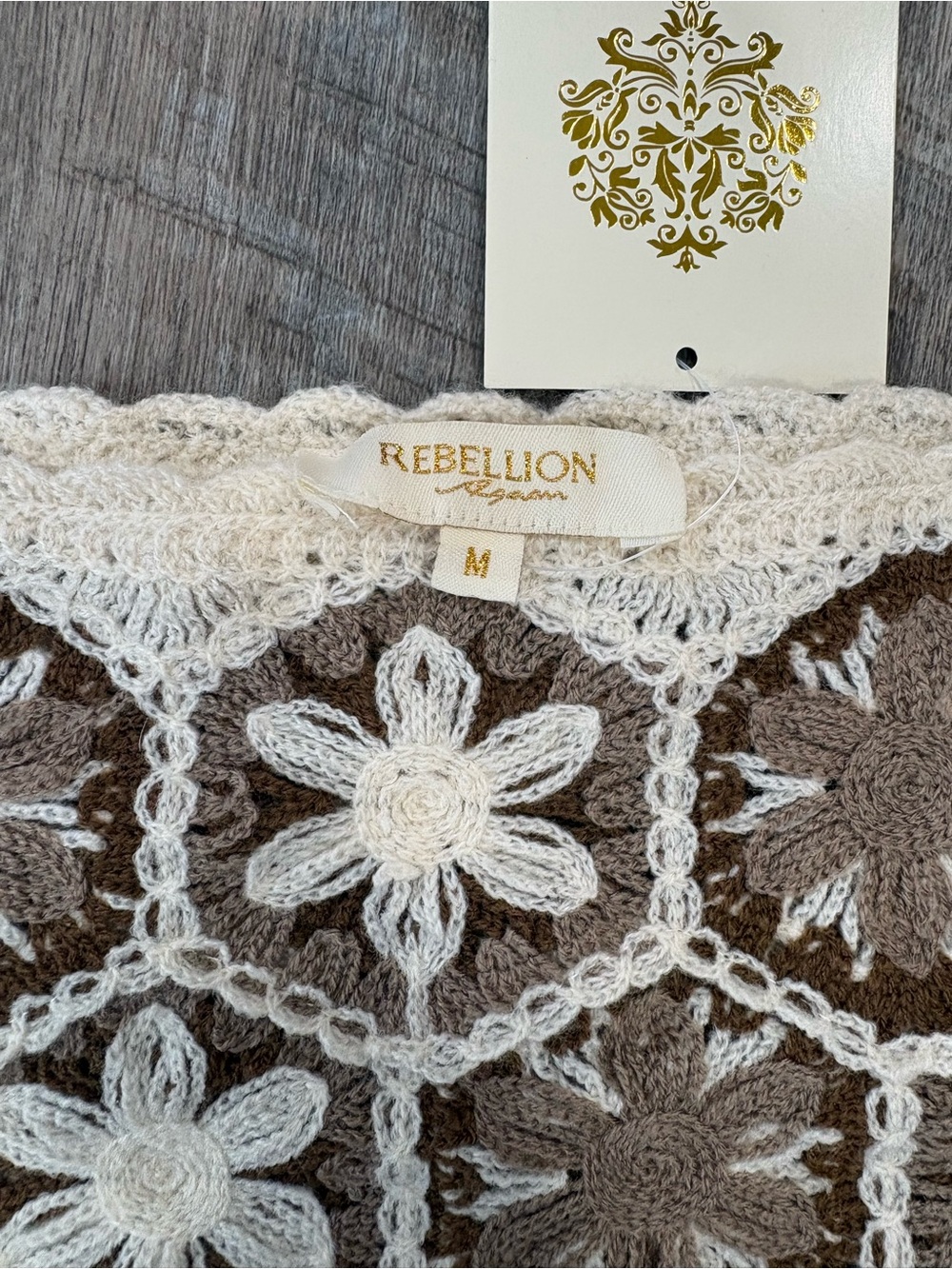 Rebellion Crochet Floral Square-Neck Camisole in Cream and Brown - Picture 2 of 2